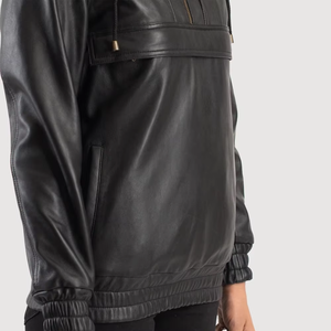Veste d'hiver décontractée unisexe en cuir de mouton noir véritable et toile, coupe-vent, matelassée, douce, avec demi-fermeture éclair et doublure en coton - Product Image 5