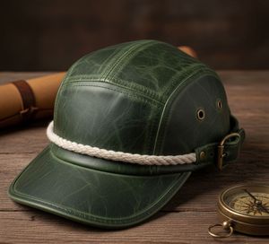 Gorra de Campamento de 5 Paneles de Cuero Genuino Vintage – Gorra de Béisbol Ajustable Unisex para Actividades al Aire Libre - Product Image 1