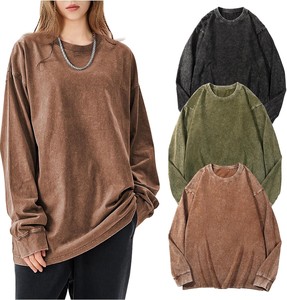 เสื้อยืดแขนยาวคอกลมโอเวอร์ไซส์สำหรับผู้หญิง รุ่นยอดนิยม สีพื้น ผ้าฝ้ายเนื้อนุ่มถัก ทรงหลวม ใส่ได้ทุกฤดู สไตล์ลำลอง - Product Image 1