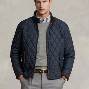 Men's Classic Diamond Quilted Full-<b>Zip</b> Winter Outerwear Jacket with Contrast Brown Corduroy Stand Collar Casual Winter Jacket - Product Image 3