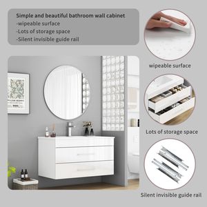 Mobile Bagno Sospeso Bianco Lucido da 36 Pollici con Doppio Cassetto, Sistema Soft-Close, Lavabo in Ceramica e Maniglia Lunga in Metallo - Facile Installazione - Product Image 6