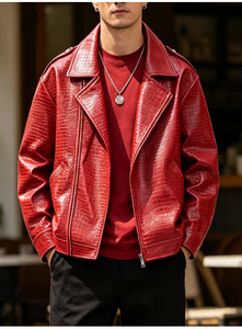 <b>Men</b> <b>s</b> Red PU Leather <b>Jacket</b> Moto <b>Biker</b> Style Turn-down Collar Zipper Front Embossed Crocodile Pattern Autumn Outerwear Luxury - Product Image 2