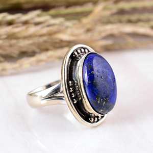 Bague artisanale en argent sterling 925 oxydé avec lapis-lazuli bleu, pierre précieuse naturelle ovale cabochon, bordure perlée, style bohème artisanal - Product Image 2