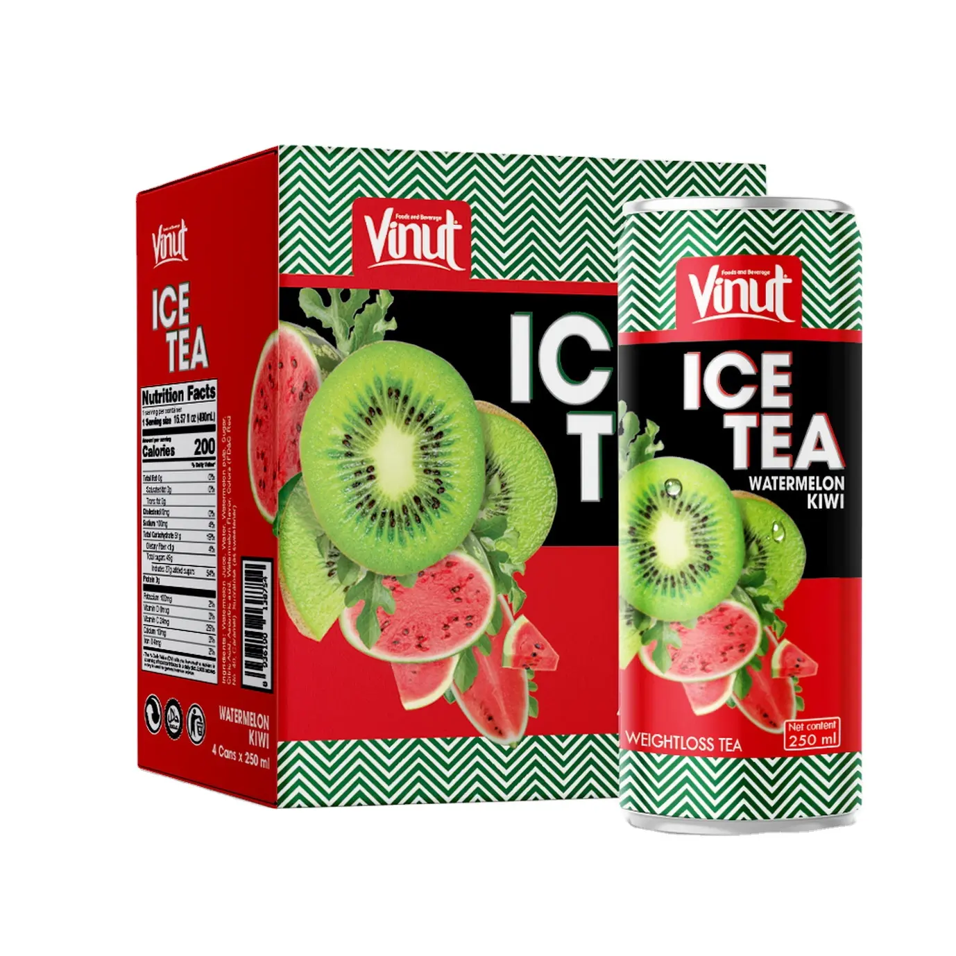 250ml Carbonated Soft Drinks VINUT Box 4 Cans Ice Tea Watermelon Kiwi Juice Manufacturing Hight quality Custom Private Label