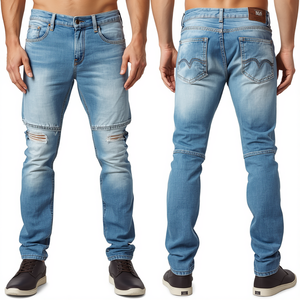 Luxury <b>Men's</b> Ice Blue Distressed Denim Pants Featuring Premium Heavy Cotton Construction with Contemporary Fashion Detailing - Product Image 3
