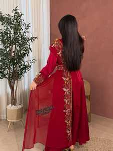 Awais House Women's Red Embroidered Silk Floor Length <b>Kaftan</b> Dress V Neck Long Sleeve Floral Pattern Wedding Elegant Style - Product Image 4