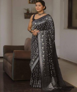 Black Silk Saree With Silver Floral Print Traditional Indian Wedding Wear Banarasi Style <b>Floor</b>-Length Sari For Women - Product Image 1