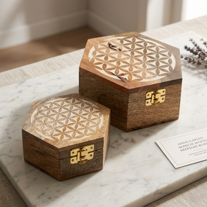 Banyan Tree Hexagon Engraved Wooden <b>Box</b> High Quality Hexa Wooden Jewelry <b>Box</b> Decoration Wood Flip Cover Storage Set of 2 Boxes - Product Image 4