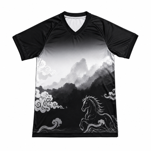 Camiseta Deportiva Sublimada con Estampado de Nubes y Caballos para Hombre, Cuello en V, Secado Rápido, Manga Corta, Poliéster, Ajuste Regular para Todas las Temporadas - Product Image 1