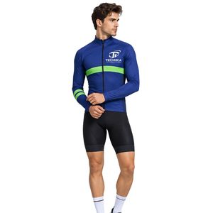 Maillot de cyclisme bleu à manches longues pour homme avec bande verte, fermeture éclair intégrale, haut de performance pour le vélo - Product Image 6