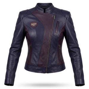 <b>Womens</b> Dark Purple Two Tone Genuine Leather <b>Jacket</b> Asymmetrical Zip Stand Collar Padded Elbow Motorcycle Biker Coat - Product Image 1