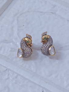 <b>studs</b> <b>earrings</b> in peacock design with polki stone in <b>silver</b> 925 material for Indian wedding handmade jewelry <b>set</b> for women - Product Image 4