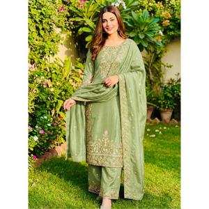 Premium GMY Silk Embroidered Sequence Work Suit Set with <b>Top</b> Bottom and Dupatta Women <b>Festive</b> Wedding Party Wear - Product Image 1