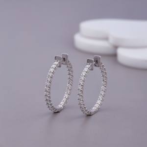 Boucles d'oreilles créoles rondes en diamant de laboratoire, sertissage pavé, plaqué rhodium, luxe, certifiées IGI, en argent sterling massif 925 - Product Image 2