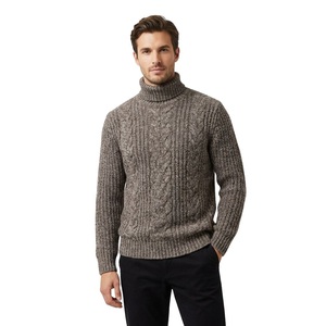 Pull col roulé épais en maille torsadée pour homme, marron chiné, chaud et thermique pour l'hiver, coupe ajustée - Product Image 1