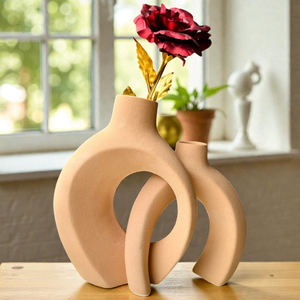 AG Elements Boho Style Ceramic <b>Vase</b> <b>Set</b> Terracotta Unglazed Textured Abstract Decorative Irregular Shape for Rustic Home - Product Image 1