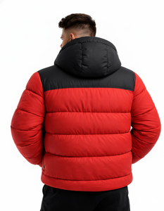 Blouson matelassé à capuche pour homme, rouge et noir, chaud pour l'hiver, épais, zippé, écologique, imperméable, style streetwear décontracté - Product Image 5