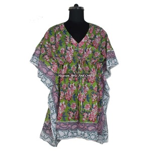 100% Cotton Women Sleepwear Hand Block Printed Kaftan Dress KFCS032 <b>Light</b> Weight Women Casual Occasion Wear Short Caftan Dress - Product Image 6