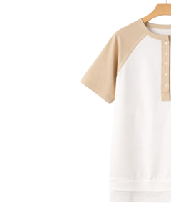 Women Beige White Raglan Sleeve Henley T Shirt Cotton Blend Short Sleeve Casual Summer <b>Top</b> Comfortable Lightweight Tee Wear - Product Image 3
