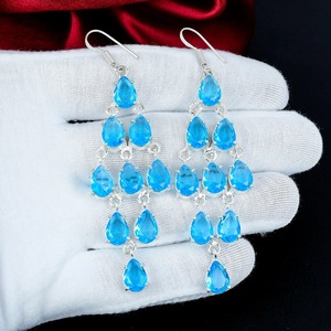 Boucles d'oreilles pendantes en argent sterling avec pierre précieuse topaze bleue, style bohème vintage, design géométrique, pour femmes, haute qualité - Product Image 4