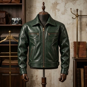 Men Green Leather Turn-Down Collar Zipper <b>Jacket</b> <b>Racing</b> Biker <b>Jacket</b> Custom Leather Riding <b>Jacket</b> Wholesale Manufacture - Product Image 2