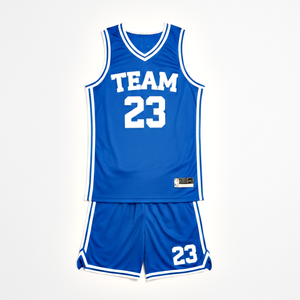 Ensemble de maillot et short de basketball respirant à séchage rapide 100 % polyester bleu sans manches, personnalisable par sublimation pour équipe - Product Image 4