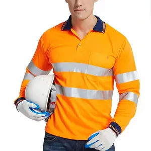 Polo à manches longues haute visibilité pour homme, orange avec bandes réfléchissantes, vêtements de travail - Product Image 1