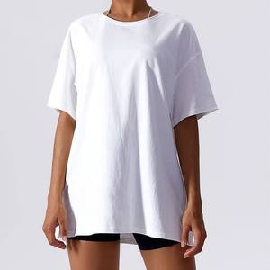 เสื้อยืดคอกลมโอเวอร์ไซส์สำหรับผู้หญิงไซส์ใหญ่ สีพื้น แขนสั้น ยาวพิเศษ ผ้าเจอร์ซีย์คอตตอน 100% สไตล์ลำลอง - Product Image 2