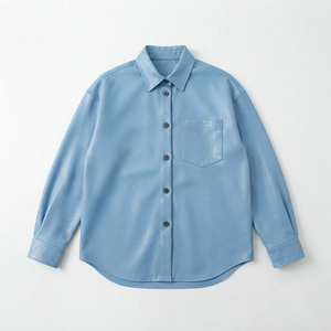 <b>Men</b> Premium Genuine Leather Zip-Up Turn-down Collar <b>Winter</b> Long Sleeve Light Blue Eco-Friendly Vintage Casual Streetwear <b>Shirt</b> - Product Image 1