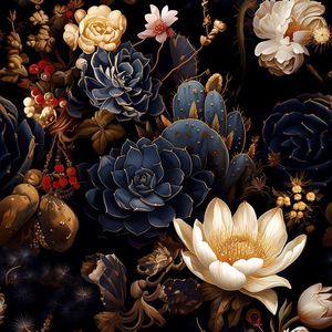 Carta da Parati Nera con Piante Succulente e Fiori Bianchi/Rossi, Facile da Applicare, Stile Vintage per Decorazione Casa - Product Image 1