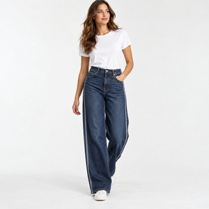 Jeans de Mezclilla de Cintura Alta y Pierna Ancha para Mujer, con Franja Lateral, Color Índigo Oscuro, Marca Privada OEM - Product Image 5