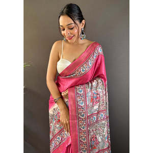 Sari en soie Tussar imprimé Madhubani Elite Weaves avec bordure tissée en zari, couleur rose, pour la mode indienne et pakistanaise - Product Image 2