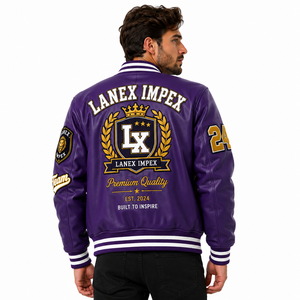 Custom Purple Varsity Letterman Jacket Men PU Leather Baseball College Jacket Embroidered Chenille Patch Bomber Jacket OEM ODM - Product Image 4