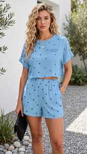 ONETEN APPARELS Women Blue Heart Print 2 Piece Set Crew Neck Top and Elastic Waist Shorts - Product Image 5
