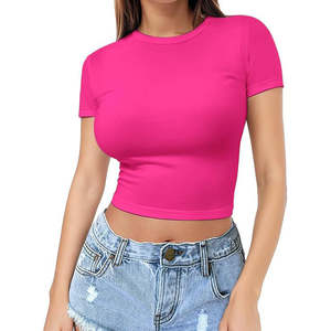 Camiseta Corta Ajustada para Mujer, de Algodón Elástico, Manga Corta, Top Básico, Informal, Verano, Personalizable con Logotipo OEM - Product Image 1