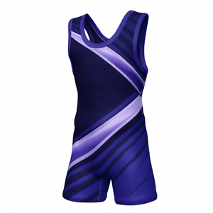 Combinaison de lutte unisexe violette ajustée en Spandex et Nylon extensible avec logo imprimé par transfert thermique sur le devant, vêtement de sport de combat - Product Image 1