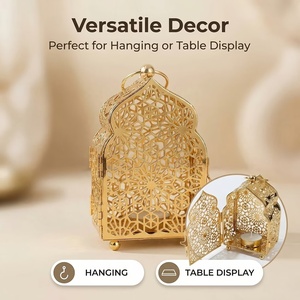 Ornate <b>Gold</b> Metal Moroccan <b>Lantern</b> with Geometric Cutwork Decorative Candle Holder for Ramadan Home Table Decor - Product Image 3