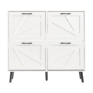 Porte de grange en métal noir à poignée simple avec 4 tiroirs rabattables et étagère à chaussures à pieds coniques en bois massif noir - Product Image 5