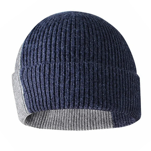 Bonnet côtelé unisexe bleu marine avec revers contrastant gris, bonnet d'hiver décontracté pour adultes 56-58CM, tricoté à la machine en acrylique - Product Image 1