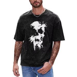 T-shirt à manches courtes pour homme, col rond, noir, avec imprimé crâne blanc, jersey 100% coton, vêtement décontracté, coupe classique - Product Image 1