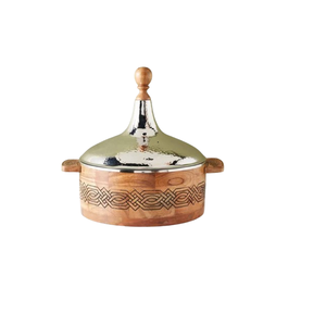 Modern Brown Wooden Hotpot Casserole Dish With Stainless Steel Lid Fancy <b>Round</b> Metal Food Warmer Serving Pot For <b>Table</b> Decor - Product Image 4