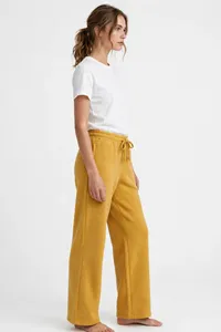 Women Mustard Wide Leg Sweatpants High Waist Drawstring Lounge Pants Relaxed Fit Soft Casual <b>Trousers</b> Custom Color Size Logo OEM - Product Image 2