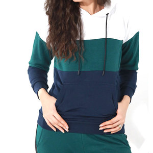 Sweat-shirt à capuche pour femme, à blocs de couleur, manches longues, en coton et fibre de bambou, tricoté, respirant, avec poches, style automne - Product Image 1