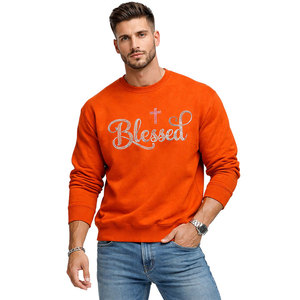 Sudadera con Logotipo Personalizado para Hombre, Color Naranja, Gráfico con Pedrería “Blessed”, Corte Holgado, Ropa Casual, Moda Urbana - Product Image 1