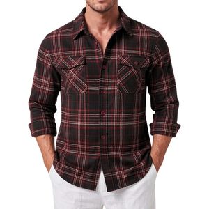 Chemise-veste streetwear à carreaux rouge et noir personnalisée pour homme, en flanelle de polyester, boutonnée sur le devant, avec poches poitrine, manches longues - Product Image 1