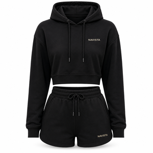 Navista Women's 2 Piece Solid Zipper Streetwear Hoodie Shorts Set Black Crop <b>Top</b> Drawstring Sweatshorts Casual Sportswear All - Product Image 2