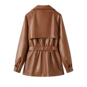 <b>Women</b> PU Leather Logo Breathable Double Breasted Waist-Tied Eco-Friendly Jacket <b>Women</b> Loose Black Brown Woven <b>Coat</b> <b>Spring</b> wear - Product Image 4