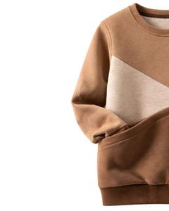 Sweat-shirt en molleton personnalisé pour femme, couleur camel beige clair, blocs de couleurs, coton et polyester, col rond, pull décontracté d'hiver, OEM - Product Image 3