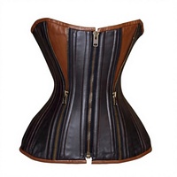 Ensemble de lingerie sculptante pour femme en cuir véritable, marron foncé et marron clair, ODM, tissé, haute compression, avec fermeture éclair latérale fonctionnelle