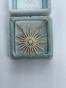 Collar con Colgante de Moissanita de Corte Brillante de Lujo, Diseño de Rayos de Sol, Plata de Ley 925, Chapado en Oro, Cadena Ajustable, Joyería Fina - Product Image 2